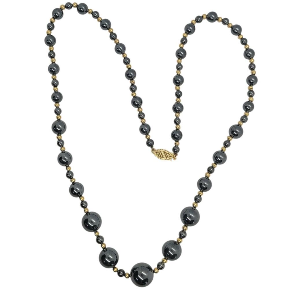 Vintage Hematite Gold Bead Necklace 14KT Gold Filigree Clasp Mystic Estate